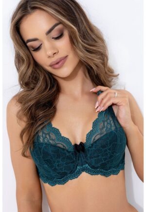 Detailný pohľad na zelenú čipkovanú podprsenku BIGGI Alexis na modelke.