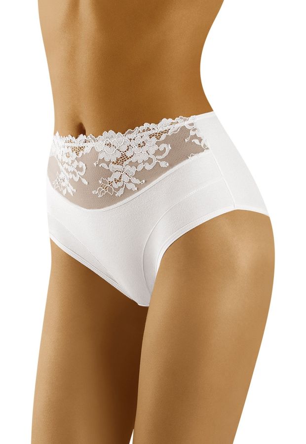 Elegantné biele nohavičky WOLBAR Eco HI s čipkovaným pásom a vysokým strihom.