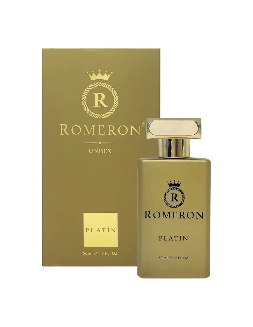 Parfum Romeron PLATIN 605 – exkluzívna unisex vôňa v elegantnom zlatom flakóne so sofistikovaným dizajnom.