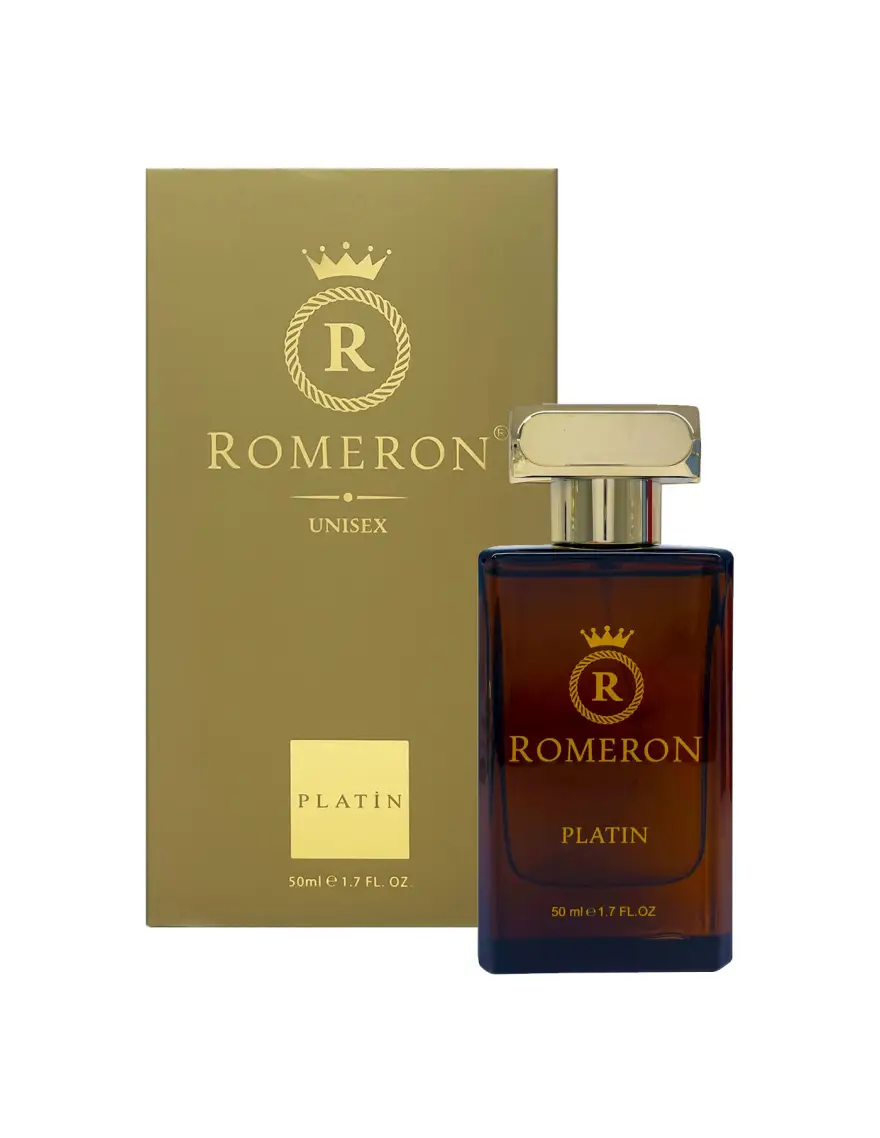 Parfum Romeron PLATIN 609 – exkluzívny unisex parfum v elegantnom zlatom balení s luxusným hnedým flakónom.