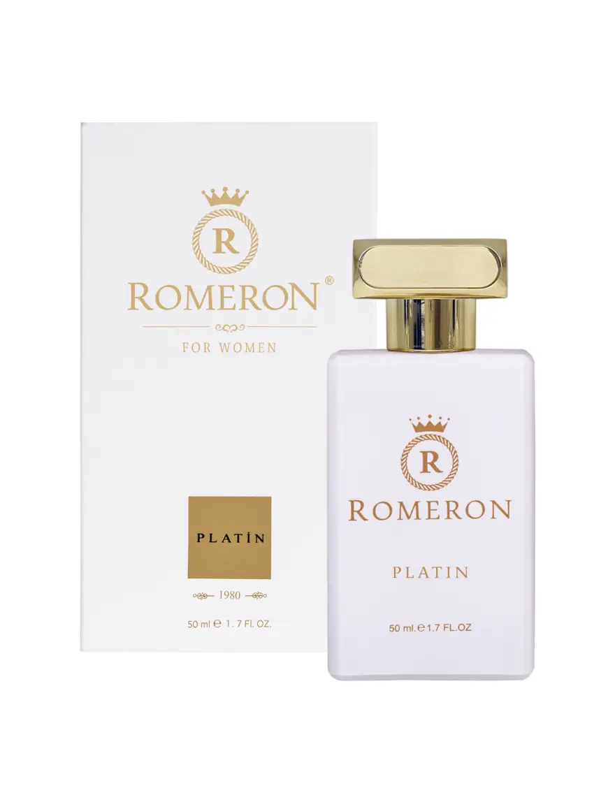 Parfum Romeron PLATIN 205 – elegantná kvetinovo ambrová vôňa pre ženy v luxusnom bielom a zlatom flakóne.
